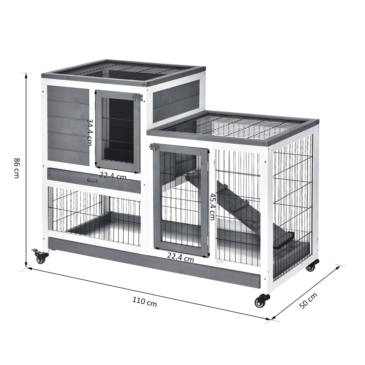 Wooden Indoor Rabbit Hutch Guinea Pig House Bunny Small Animal Cage W/ Wheels Enclosed Run 110 x 50 x 86 cm, Grey
