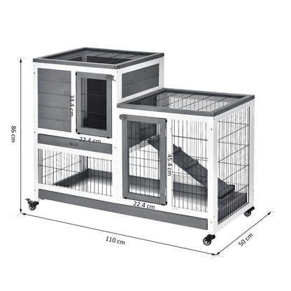 Wooden Indoor Rabbit Hutch Guinea Pig House Bunny Small Animal Cage W/ Wheels Enclosed Run 110 x 50 x 86 cm, Grey