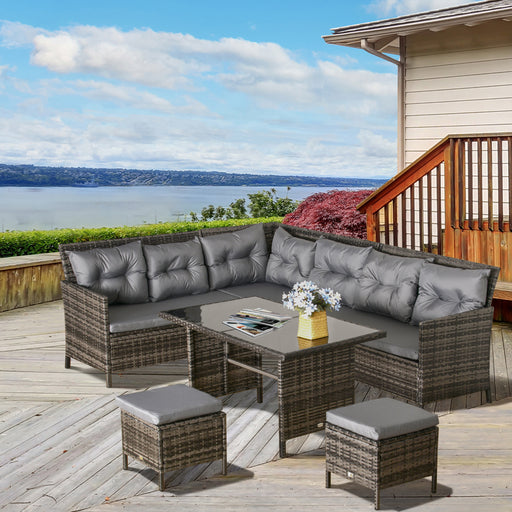 Outsunny 6 PC Garden Rattan Corner Dining Sofa Set 7-seater Outdoor Wicker Conservatory Furniture Lawn Patio Coffee Table Foot Stool w/ Cushion - Grey