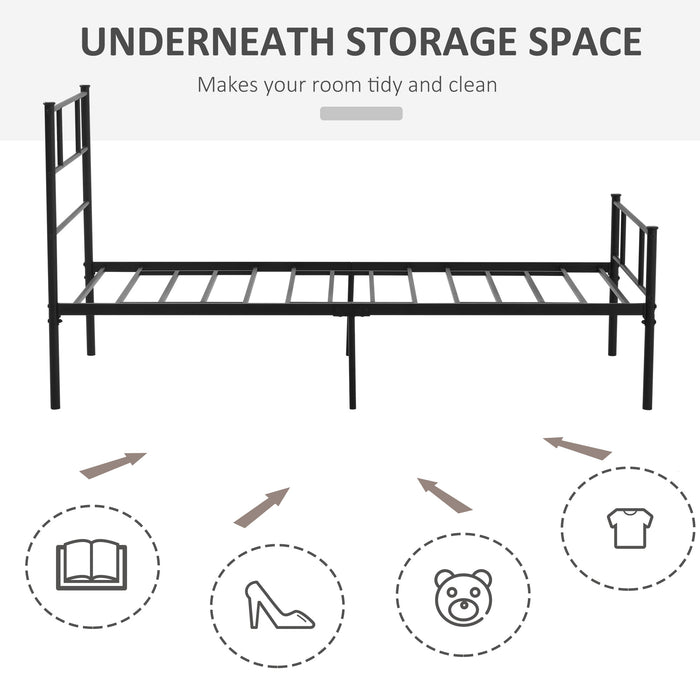 Single Metal Bed Frame Solid Bedstead Base with Headboard and Footboard, Metal Slat Support and Underbed Storage Space, Bedroom Furniture