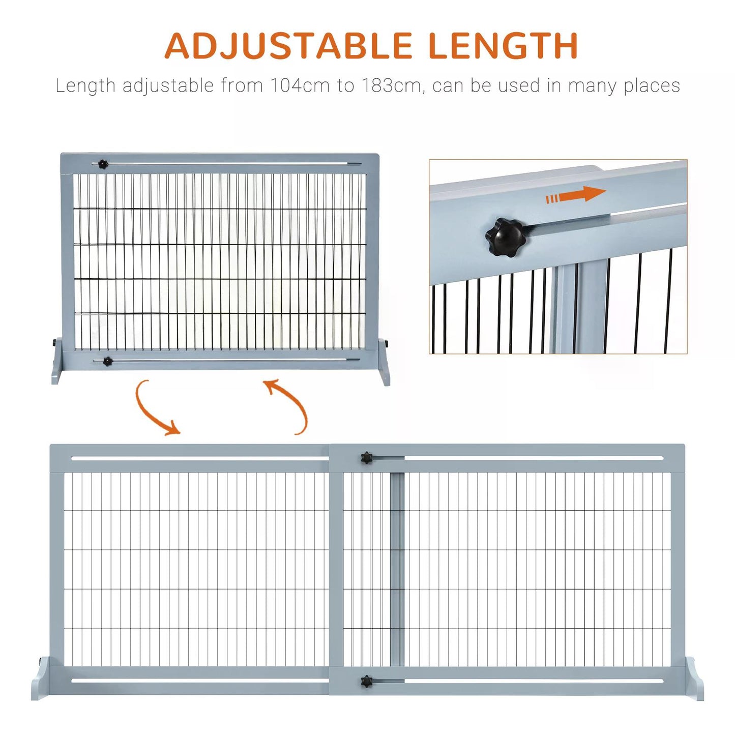 Freestanding Dog Gate, Foldable Pet Fence, Indoor Wood Barrier, Stair Gate with Support Feet, for Doorway, Hallway, Small and Medium Dogs, 69H x 104-183 cm, Blue-grey