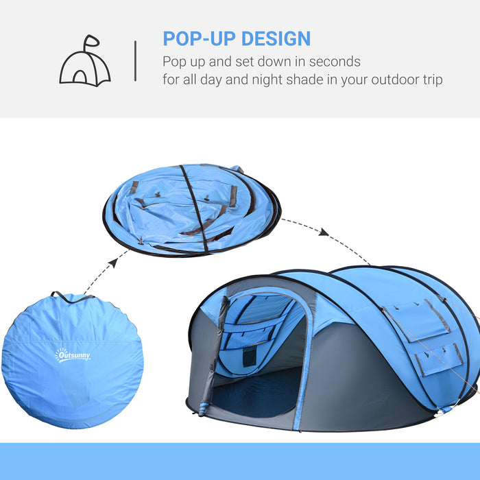 Outsunny 4-5 Person Pop-up Camping Tent Waterproof Family Tent w/ 2 Mesh Windows & PVC Windows Portable Carry Bag for Outdoor Trip Sky Blue