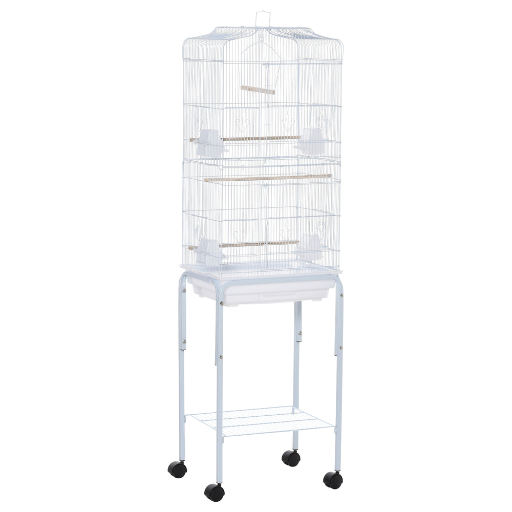 Bird Cage Budgie Cages for Finch Canary Parakeet with Stand Wheels Slide-out Tray Accessories Storage Shelf, White 46.5 x 36 x 157 cm