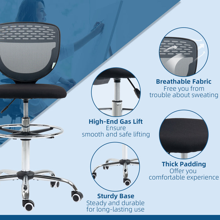 Drafting Chair, Swivel Office Draughtsman Chair, Mesh Standing Desk Chair with Lumbar Support, Adjustable Foot Ring, Armless, Grey