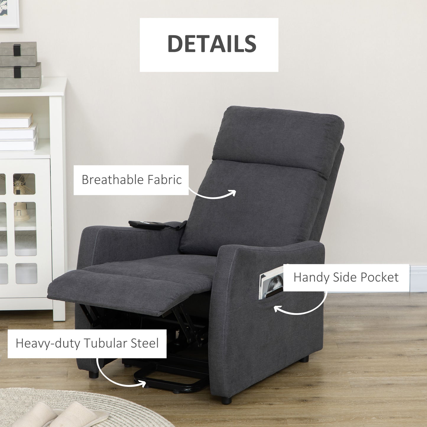 Power Lift Chair, Fabric Electric Recliner Sofa Chair for Elderly with Heavy Duty Motor, Remote Control, Side Pocket, Grey