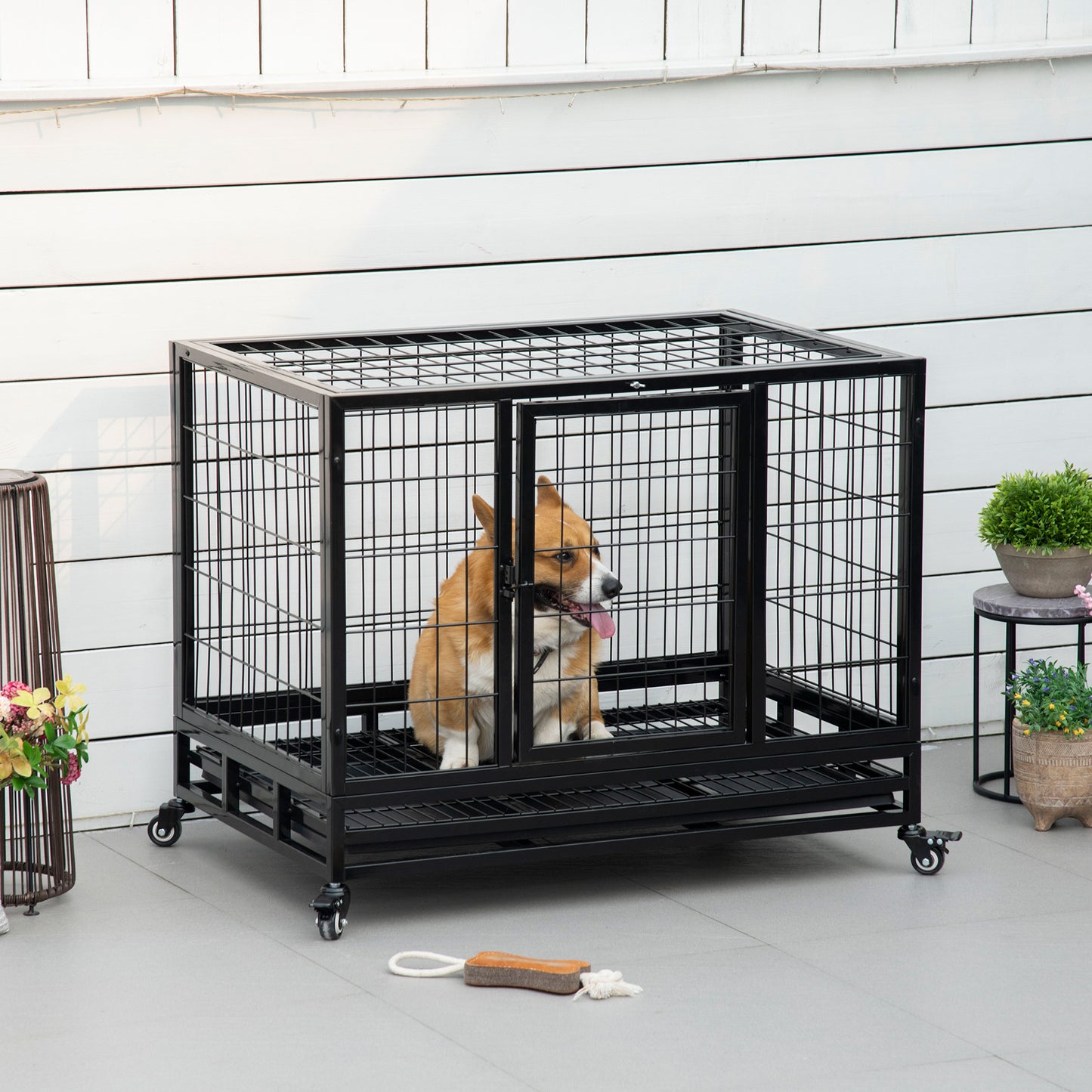 38" Heavy Duty Metal Dog Crate Pet Cage with Tray Wheeled Dog Kennel - Black (Medium)