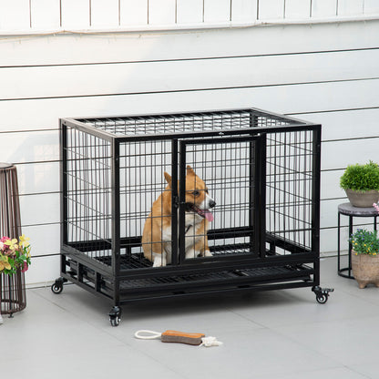 38" Heavy Duty Metal Dog Crate Pet Cage with Tray Wheeled Dog Kennel - Black (Medium)
