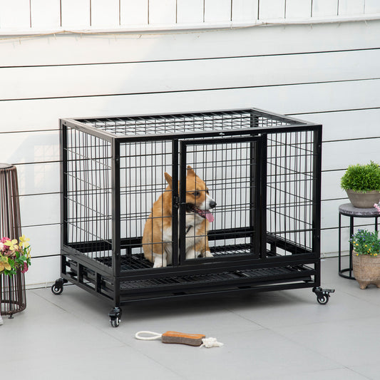 38" Heavy Duty Metal Dog Crate Pet Cage with Tray Wheeled Dog Kennel - Black (Medium)