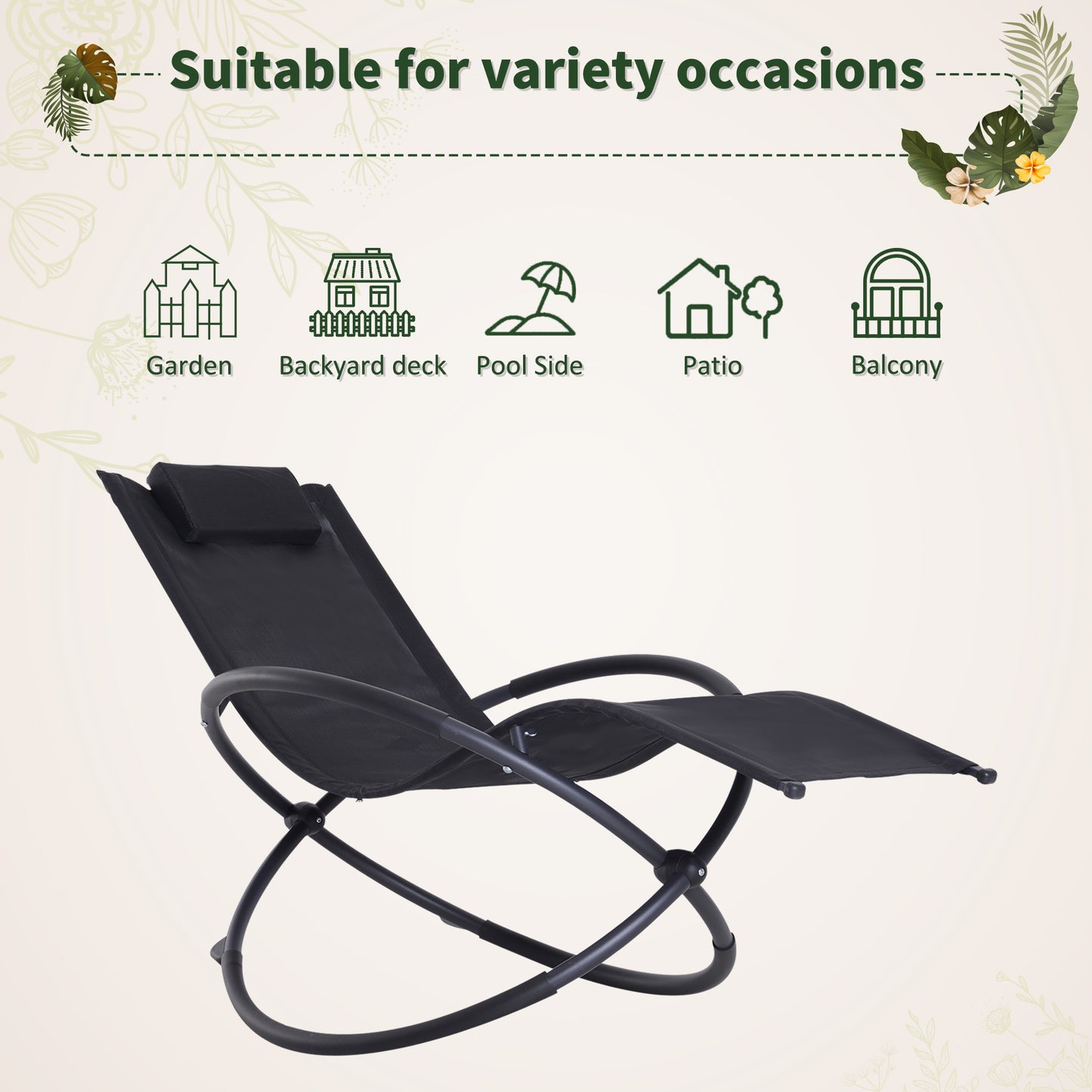 Outdoor Orbital Lounger Zero Gravity Patio Chaise Foldable Rocking Chair w/ Pillow Black