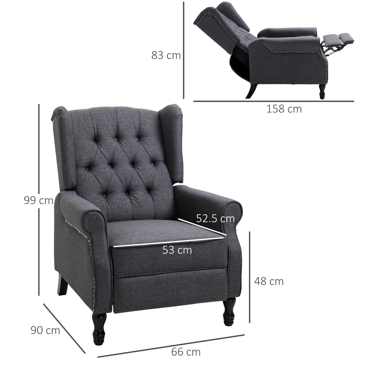Recliner Armchair with Footrest Grey Tone in a Vintage Tufted Design Dark Grey