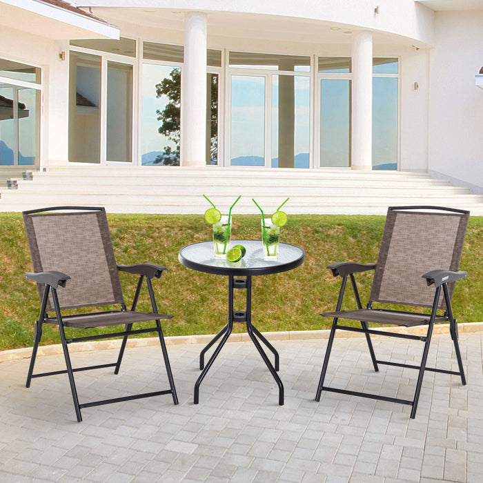 3 Piece Patio Furniture Garden Bistro Set Outdoor 2 Folding Chairs 1 Tempered Glass Table  Adjustable Backrest Metal - Brown