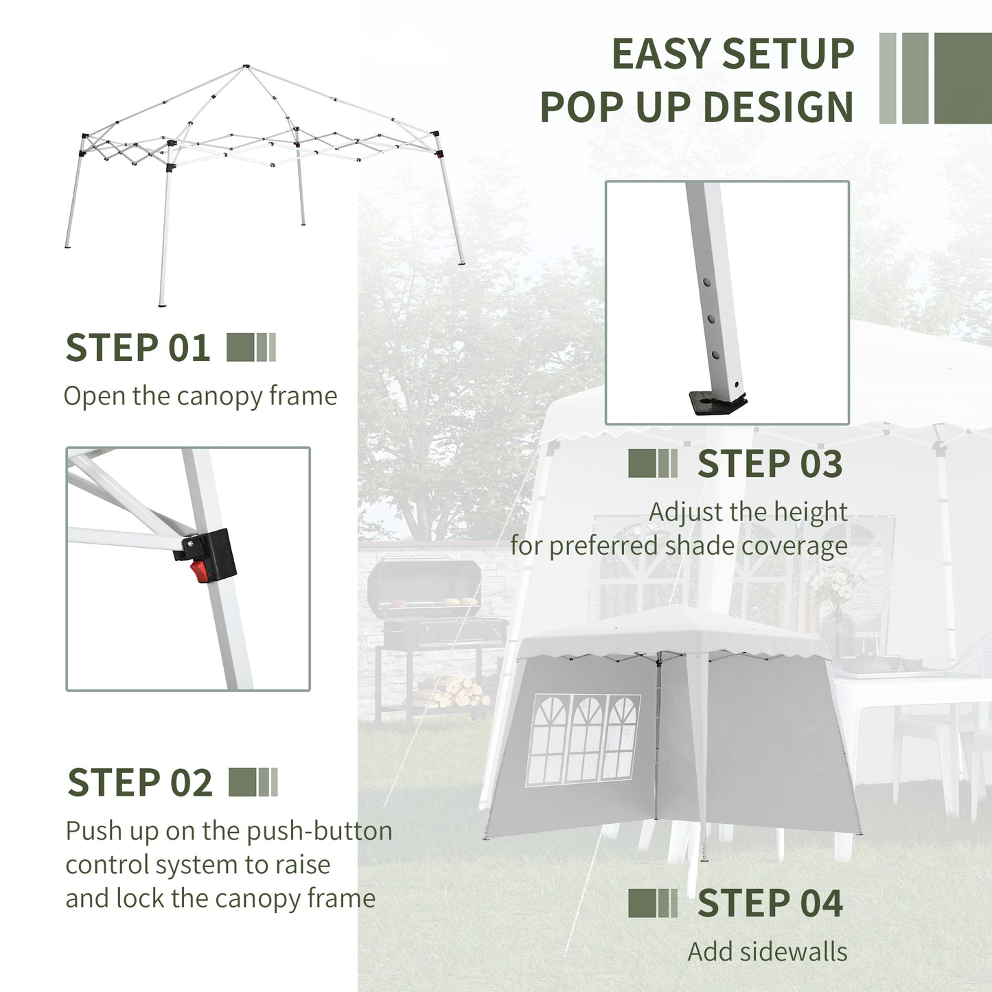 Outsunny Pop Up Gazebo with 2 Sides, Slant Legs and Carry Bag, Height Adjustable UV50+ Party Tent Event Shelter for Garden, Patio, 2.4 x 2.4m Top / 2.9 x 2.9m Base, White