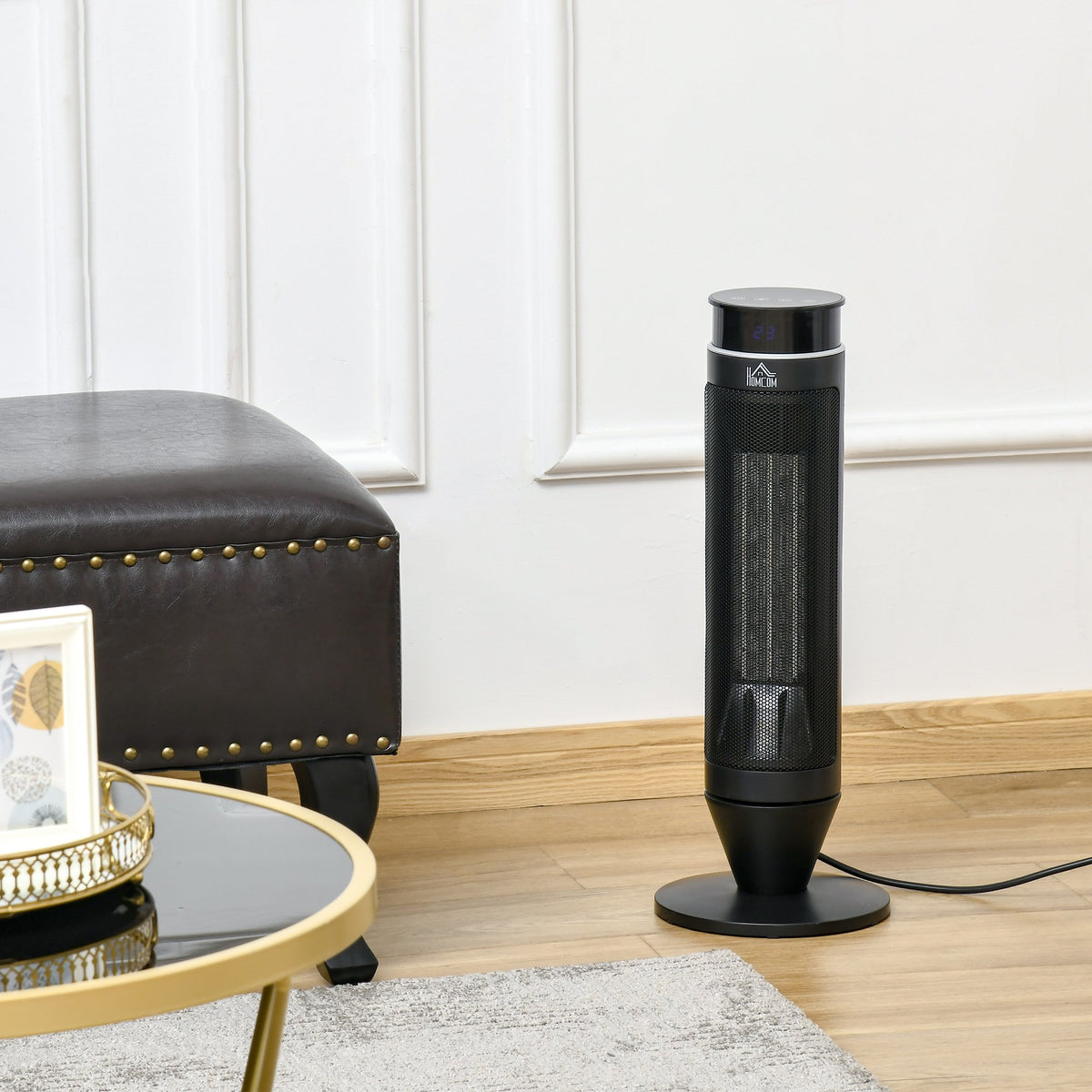 HOMCOM Ceramic Tower Indoor Space Heater Electric Floor Heater w/ 2 Heat and Fan 1000W/2000W, Oscillation, Remote Control, Timer for Basement Office