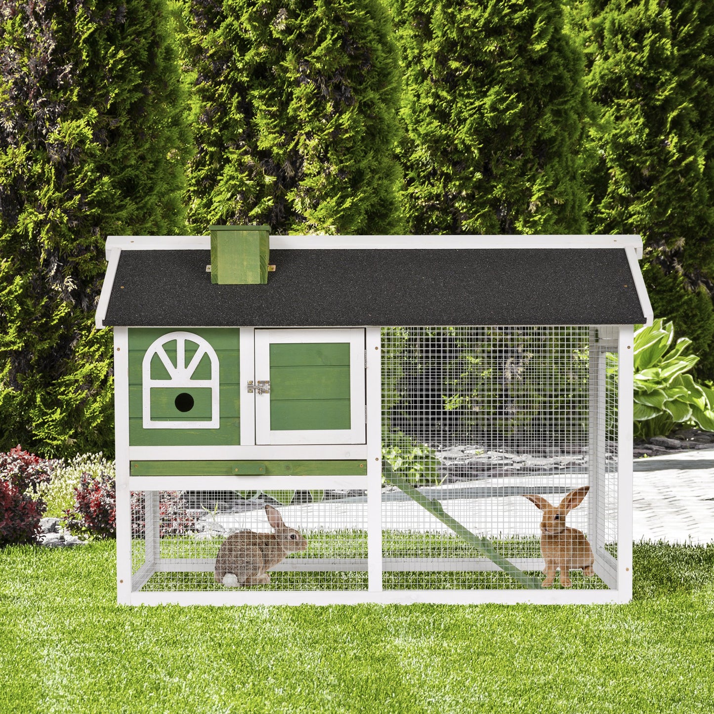 Rabbit Hutch and Run Guinea Pig Hutch Wooden Bunny Cage for Outdoor Indoor with Pull Out Tray Run Asphalt Roof Green 120 x 60 x 79 cm
