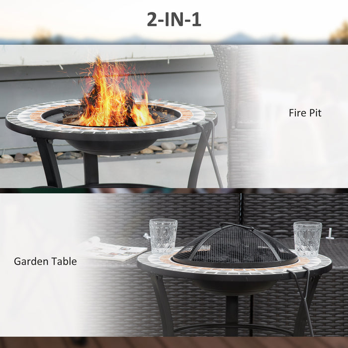 Outdoor Fire Pit Table with Mosaic Outer, Round Firepit with Spark Screen Cover, Fire Poker for Garden Bonfire Party