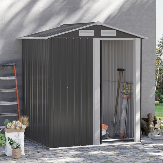 Outsunny 5ft x 4ft Garden Metal Storage Shed, Tool Storage Shed with Sliding Door, Sloped Roof and Floor Foundation for Garden, Backyard, Patio, Lawn, Grey