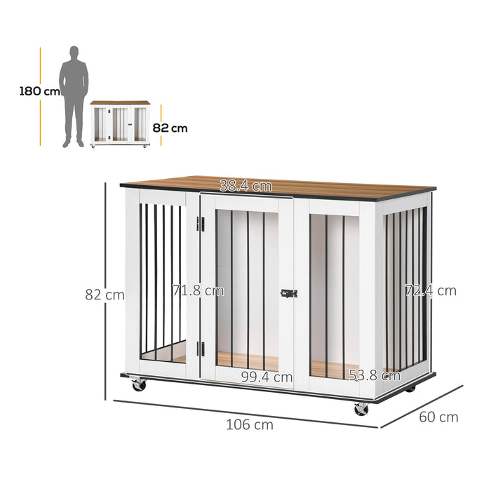 Dog Crate Furniture, Dog Cage End Table with Wheels, Lockable Door, for Medium Dogs, 106 x 60 x 82 cm - White