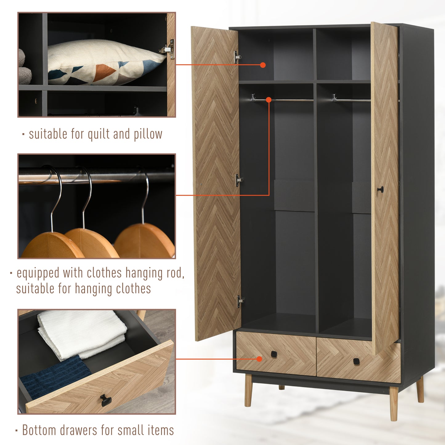 Modern Wardrobe Cabinet Wood Grain Sticker Surface with Shelf, Hanging Rod and 2 Drawers 90x50x190cm