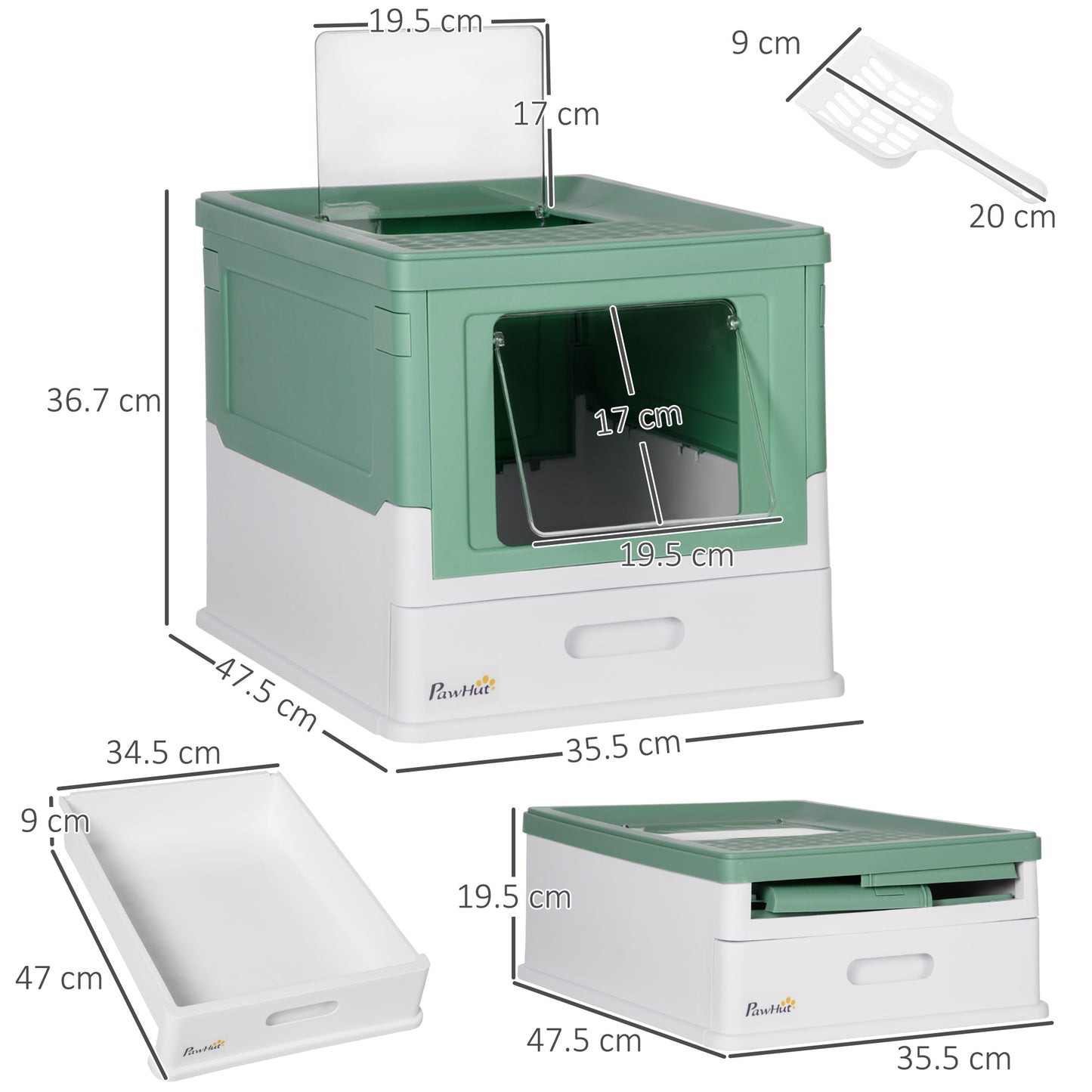 Hooded Cat Litter Box, Portable Pet Toilet w/ Tray, Scoop, Front Entry, 47.5 x 35.5 x 36.7cm - Green
