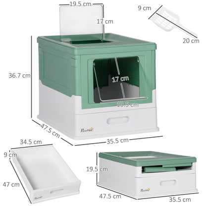 Hooded Cat Litter Box, Portable Pet Toilet w/ Tray, Scoop, Front Entry, 47.5 x 35.5 x 36.7cm - Green