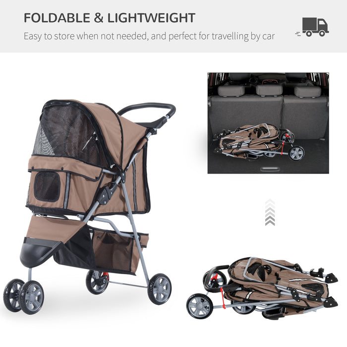 Pet Travel Stroller Cat Dog Pushchair Trolley Puppy Jogger Carrier Three Wheels for Small Miniature Dogs(Coffee)