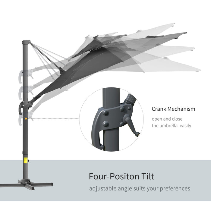 3m Cantilever Parasol w/ Solar Lights Power Bank Cross Base Adjustable Canopy 360° Spin Outdoor Garden Umbrella 2-Tier Roof Sun Shade Grey