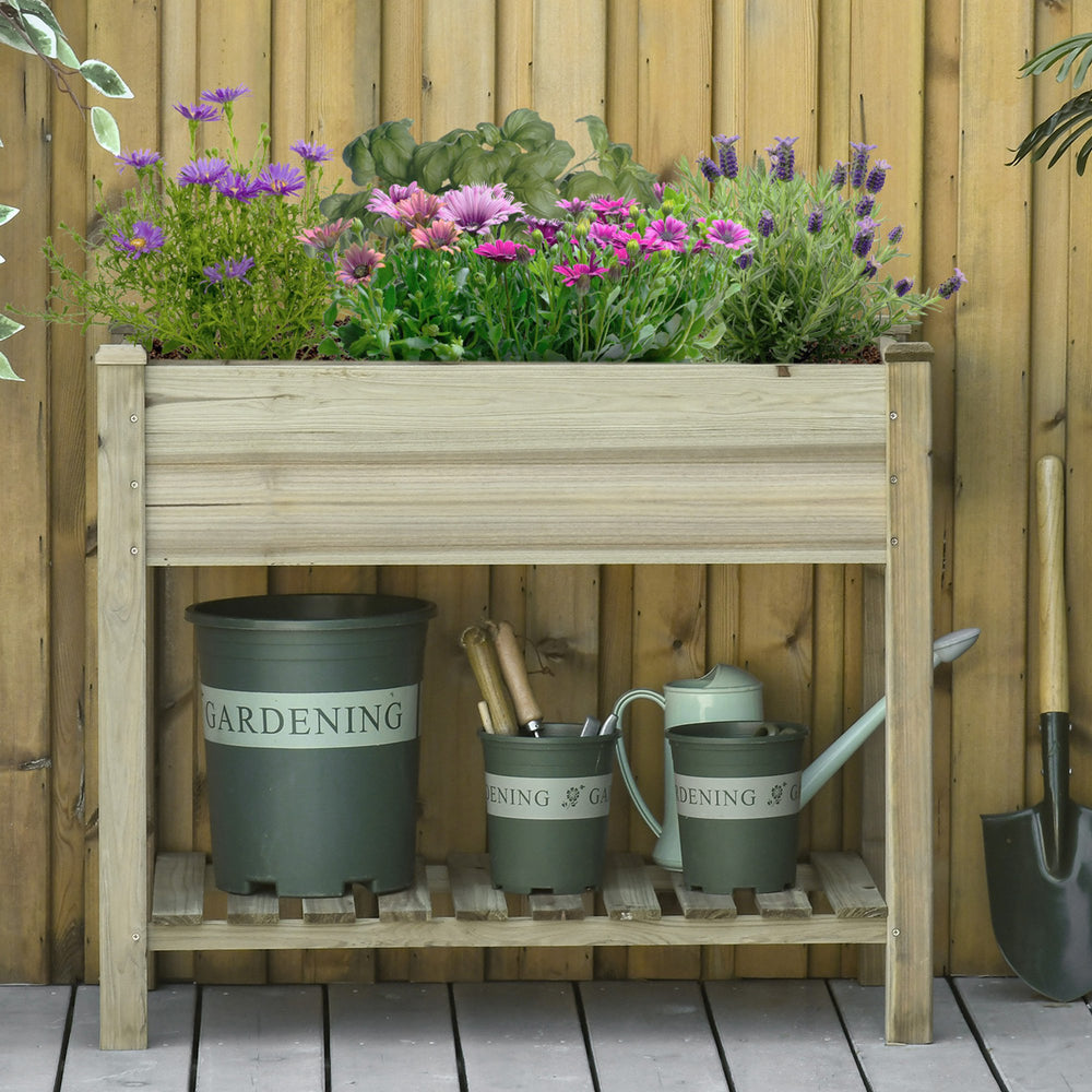 Garden Wooden Planters， Raised Garden Bed with Legs and Storage Shelf, Gardening Standing Growing Bed Flower Boxes for Backyard, Balcony