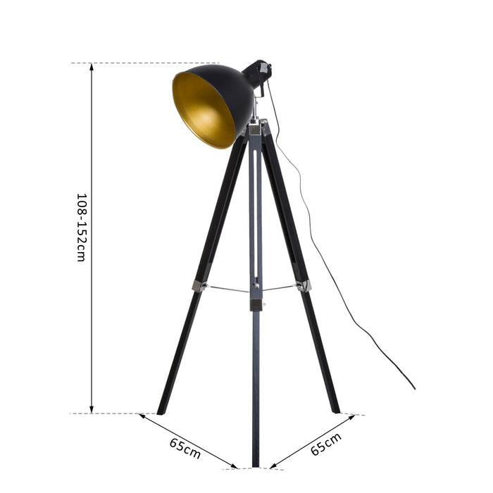 Studio Floor Lamp,Tripod Spotlight Lamp with Wood Legs, Ø 30 cm Lampshade and Max. 40W, 152cm Floor Lamp, Metal, Black and Gold