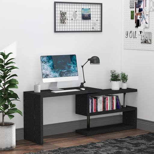 HOMCOM 360° Rotating L-Shaped Corner Computer Desk Home Office Writing Table Swivel Workstation with Storage Shelf, Black