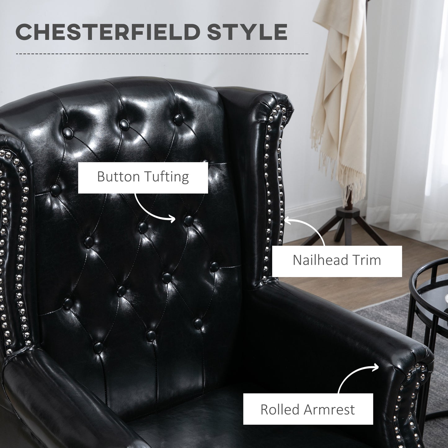 Wingback Armchair, Chesterfield-style High Back Fireside Chair, Tufted Upholstered Accent Chair with Nailhead Trim for Living Room, Bedroom, Home Office, Black