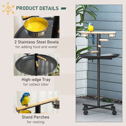 Metal Bird Table Play Stand, Bird Feeder Station Parrot Perch with Four Wheels Feeding Bowls Round Tray