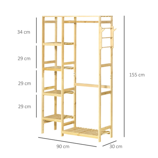 HOMCOM Bamboo Garment Rack, Clothes Rack with Storage Shelf, Hanging Rail and Side Hooks for Entryway, Bedroom, Bathroom and Office, Natural