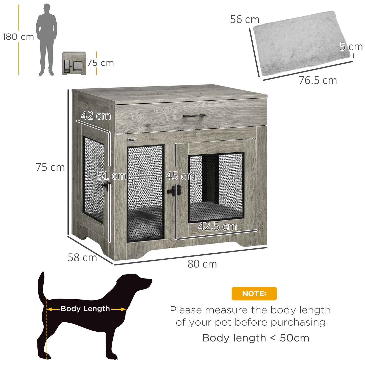 Indoor Dog Crate Furniture with Cushion, Double Doors, Pet Kennel End Table with Drawer, for Medium Dogs - Grey