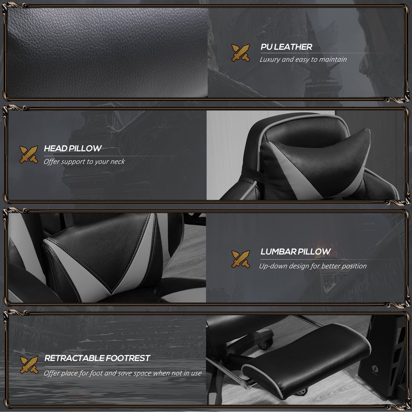 Vinsetto Ergonomic Racing Gaming Chair Office Desk Chair Adjustable Height Recliner with Wheels, Headrest, Lumbar Support, Retractable Footrest Home Office, Grey