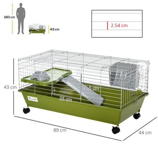 Small Animal Cage Rabbit Guinea Pigs Chinchillas Cage w/ Wheels Water Bottle Food Dish Platform Ramp 89 x 44 x 43 cm Green