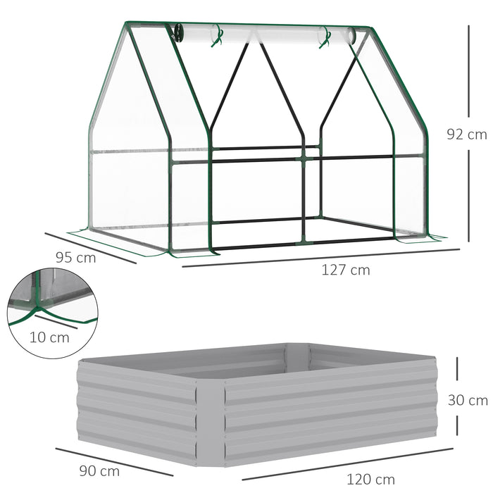 Raised Garden Bed with Greenhouse, Steel Planter Box with Plastic Cover, Roll Up Window, Dual Use for Flowers, Vegetables, 127 x 95 x 92cm