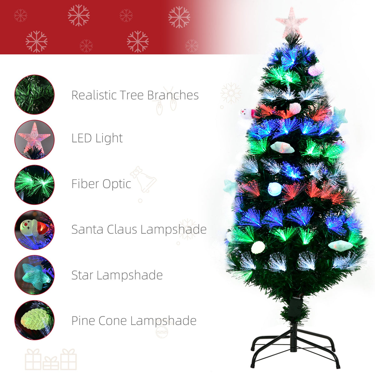 4ft Pre-Lit Fibre Optic Christmas Tree with 130 Multicolour LEDs & Baubles