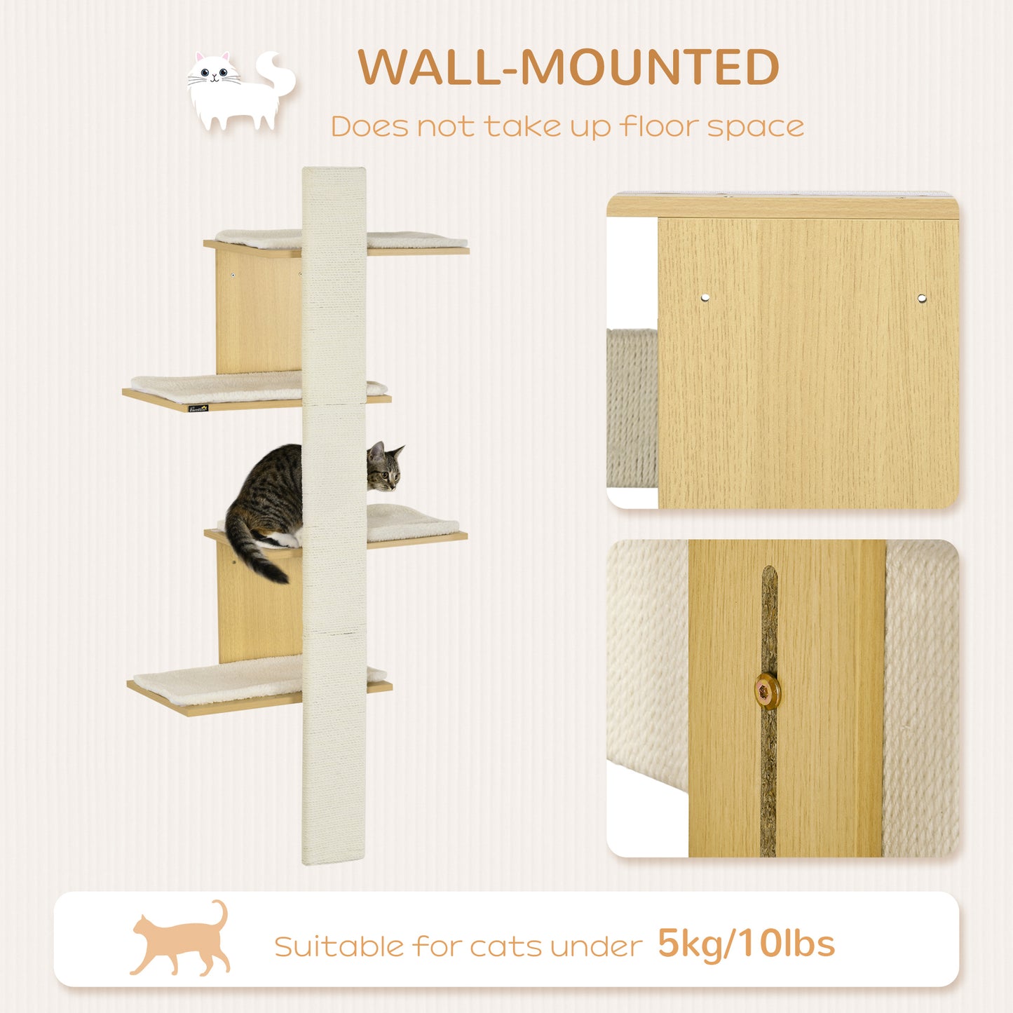 Cat Tree for Indoor Cats, Four-Layer Wall-Mounted Shelf, Cat Wall Furniture, Kitten Perch Climber Furniture w/ Cushions, Scratching Board - Oak Tone