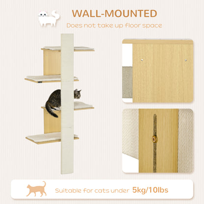 Cat Tree for Indoor Cats, Four-Layer Wall-Mounted Shelf, Cat Wall Furniture, Kitten Perch Climber Furniture w/ Cushions, Scratching Board - Oak Tone