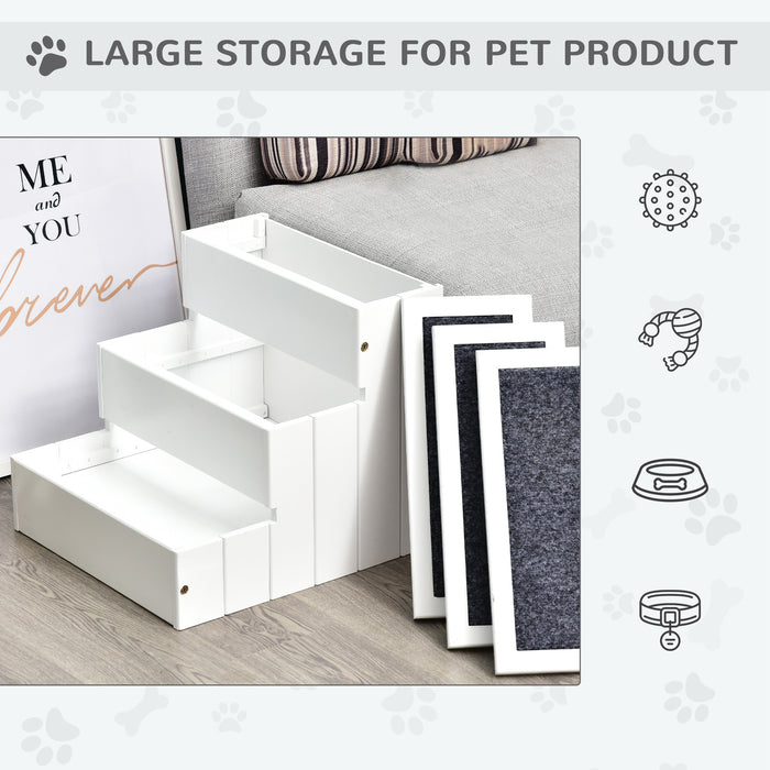 3 Step Wooden Dog Steps Pet Stairs for Dogs, Cat Ladder for Bed Couch with Storage White