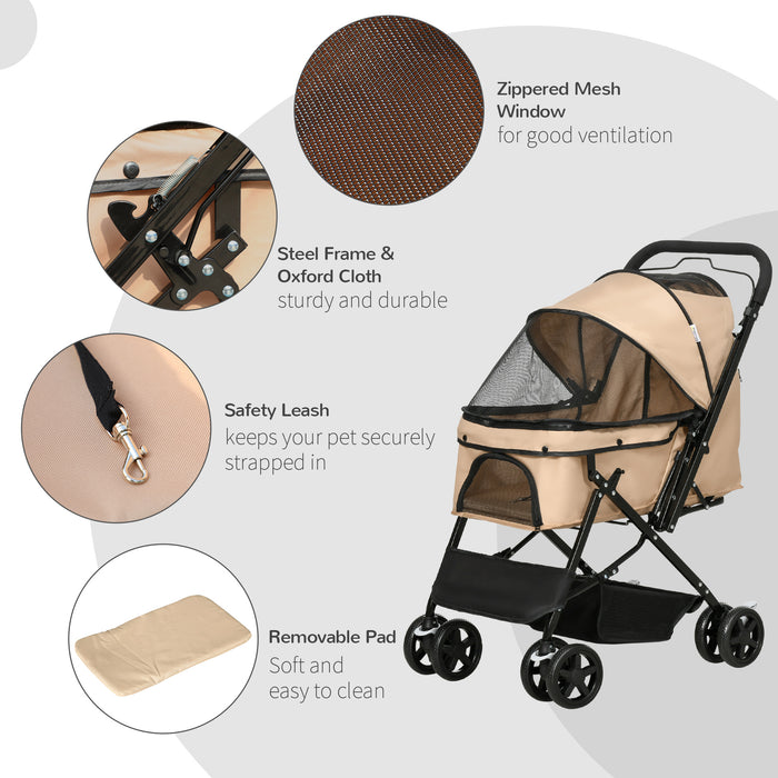 Pet Stroller Dog Cat Travel Pushchair Foldable Jogger with Reversible Handle EVA Wheel Brake Basket Adjustable Canopy Safety Leash for Small Dogs, Light Brown