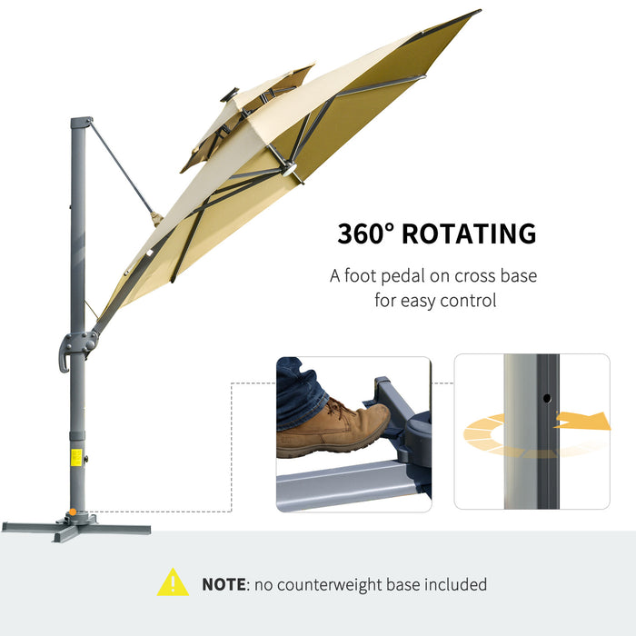 3m Cantilever Parasol w/ Solar Lights Power Bank Cross Base Adjustable Canopy 360° Spin Outdoor Garden Umbrella 2-Tier Roof Sun Shade Khaki