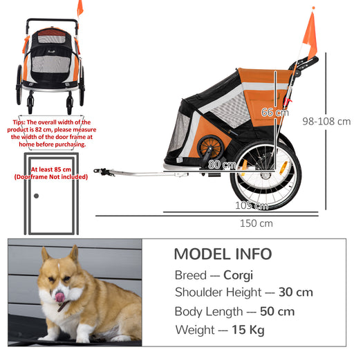 Dog Bike Trailer 2-in-1 Pet Stroller for Large Dogs Cart Foldable Bicycle Carrier Aluminium Frame with Safety Leash Hitch Coupler Reflector Flag Orange