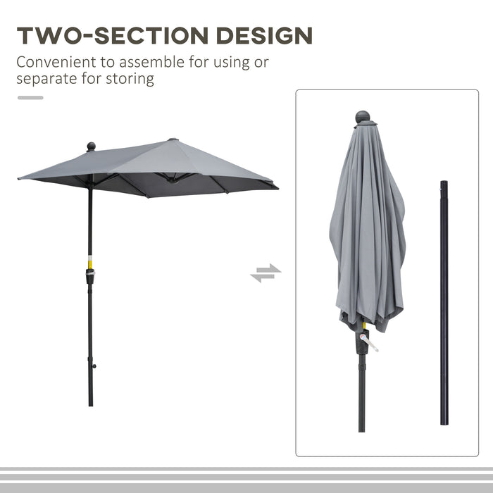 Outsunny 2m Half Parasol Market Umbrella Garden Balcony Parasol with Crank Handle, Cross Base, Double-Sided Canopy, Grey