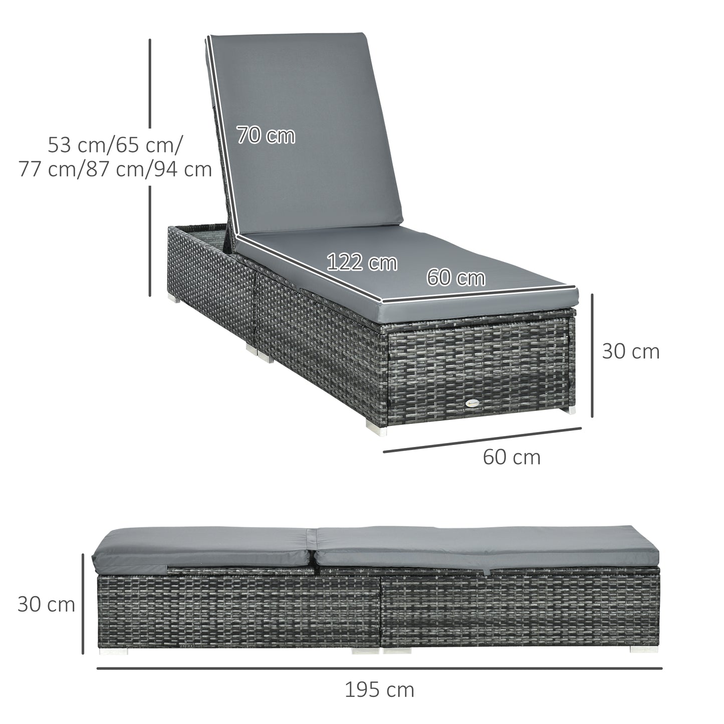 Rattan Sun Lounger Adjustable Garden Furniture Reclining Bed Chair Patio Wicker Grey