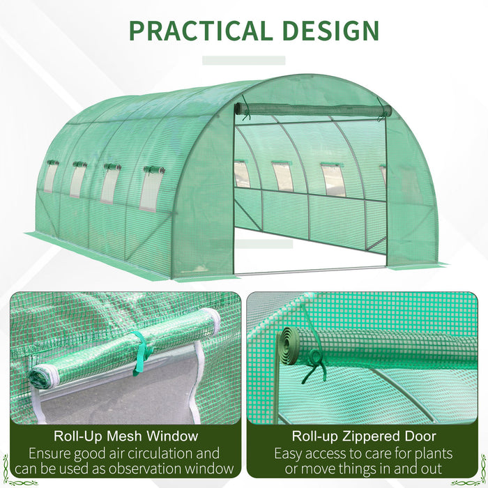 6 x 3 m Large Walk-In Greenhouse Garden Polytunnel Greenhouse with Steel Frame, Zippered Door and Roll Up Windows, Green