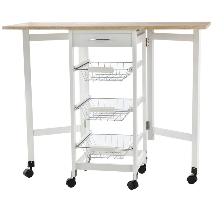 HOMCOM Drop-Leaf Kitchen Cart Trolley w/ 3 Baskets Drawer Surface Top 6 Universal Wheels Rolling Storage Unit Kitchen Home Dining Island White Oak Tone