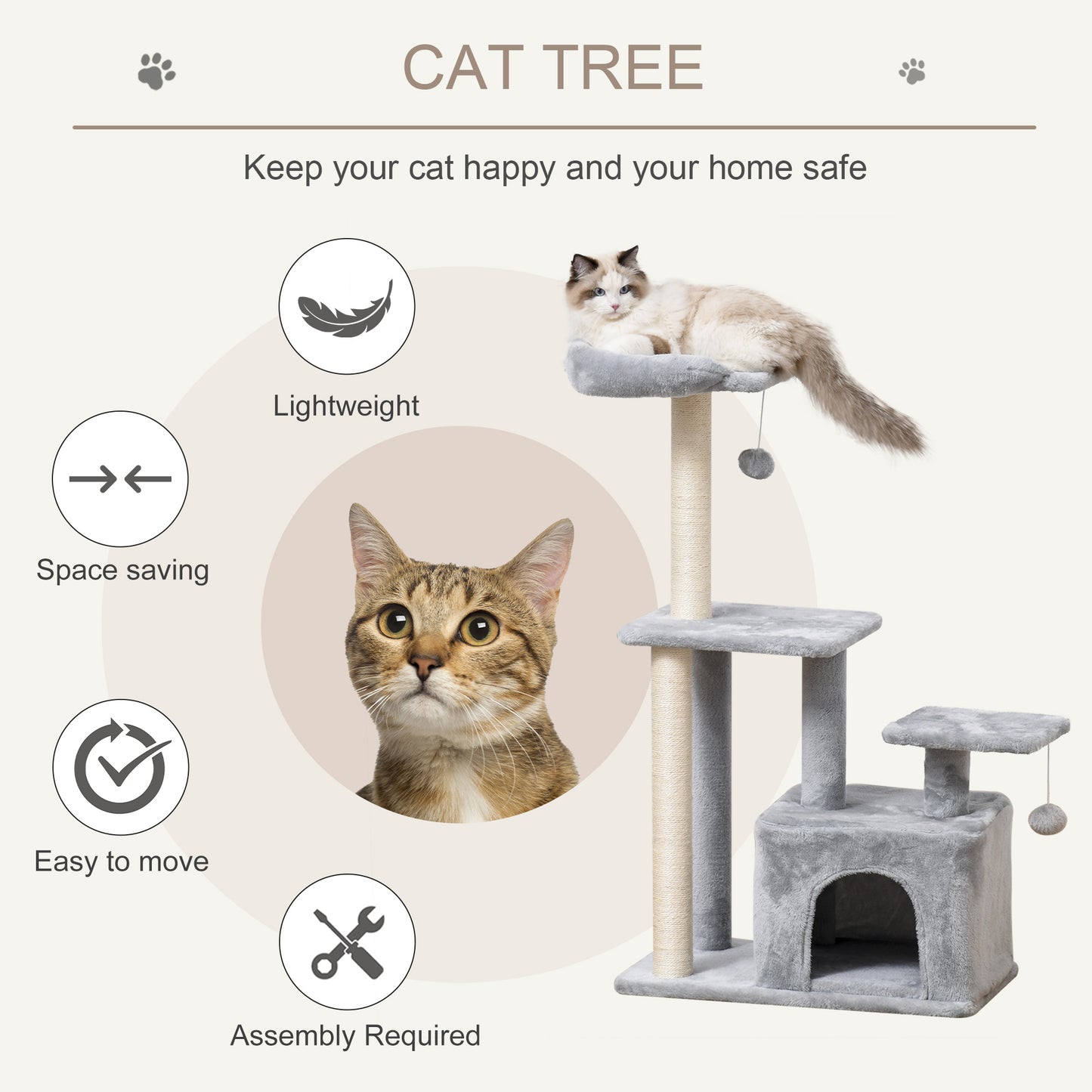 Cat Tree Tower for Indoor Cats 114cm Climbing Activity Centre Kitten with Sisal Scratching Post Perch Hanging Ball Condo Toy Light Grey