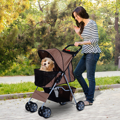 Dog Pram Pet Stroller Foldable Dog Pushchair with Wheels Zipper Entry Cup Holder Storage Basket Brown