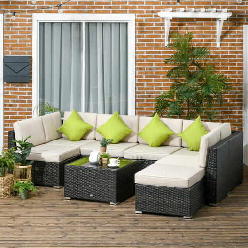 Outsunny 8 Pieces PE Rattan Corner Sofa Set, Outdoor Garden Furniture Set, Patio Wicker Sofa Seater w/ Cushion, Washable Cushion Cover & Tempered Glass Table, Brown